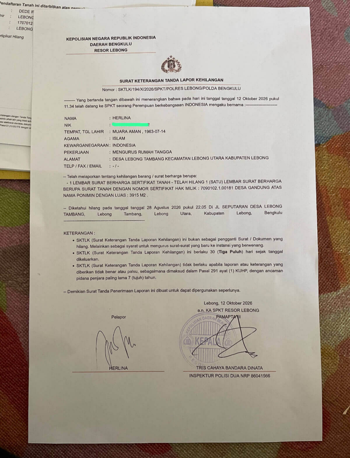 Pengumuman Kehilangan Sertifikat Tanah