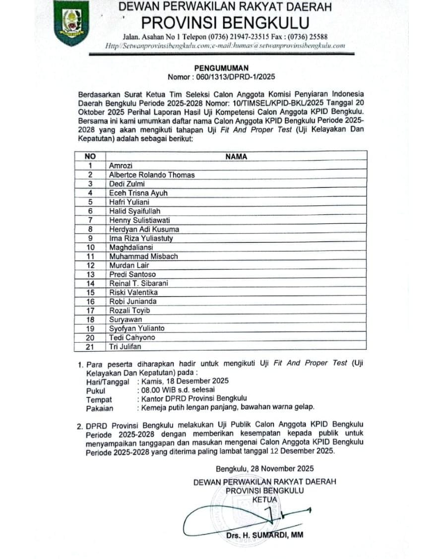 Ini 21 Peserta Seleksi KPID Lolos ke Tahap Fit and Proper Test