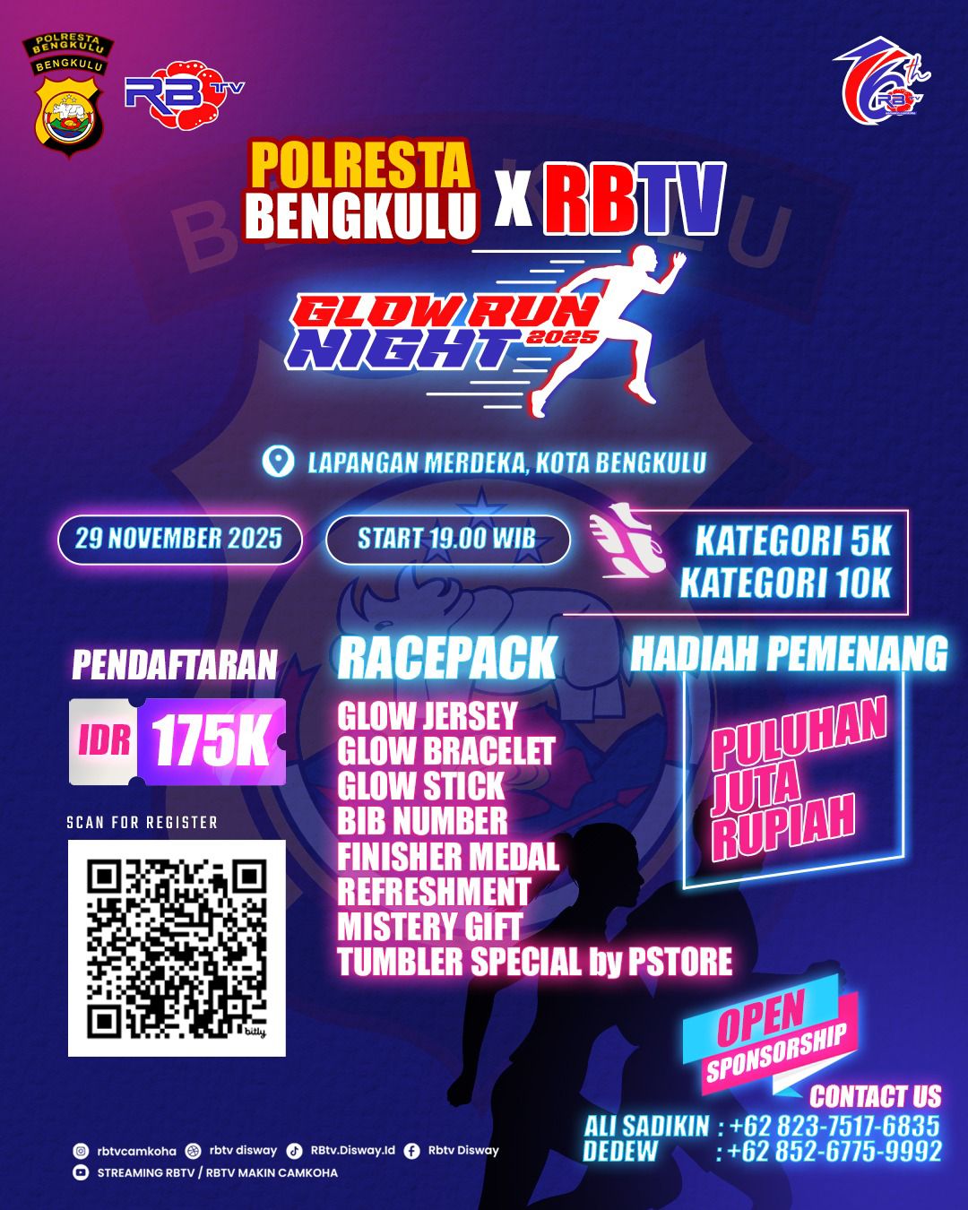 Pendaftar Glow Run Night 2025 RBTV dan Polresta Bengkulu Memblundak, Segera Daftar Kuota Terbatas 