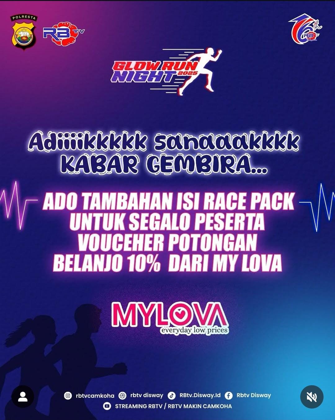 Kabar Gembira untuk Peserta Glow Run Night RBTV X Polresta, Ada Tambahan Voucher Belanja 10% dari My Lova
