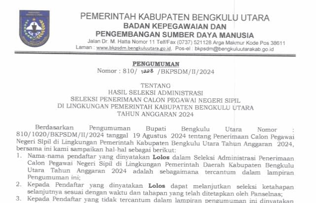 Hasil Seleksi Administrasi CPNS 2024 Bengkulu Utara, Ada 53 Pelamar TMS, Begini Prosedur Ajukan Sanggah