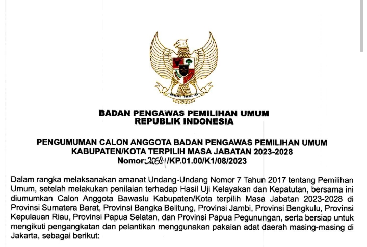 Bawaslu RI Umumkan 3 Nama Anggota Bawaslu Kabupaten/Kota Periode 2023-2028   