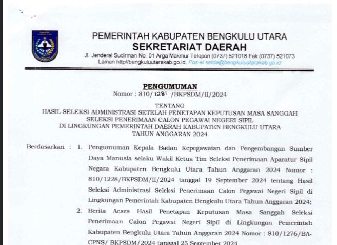 Pengumuman Pasca Masa Sanggah CPNS 2024 Kabupaten Bengkulu Utara, Cek Hasilnya di Sini