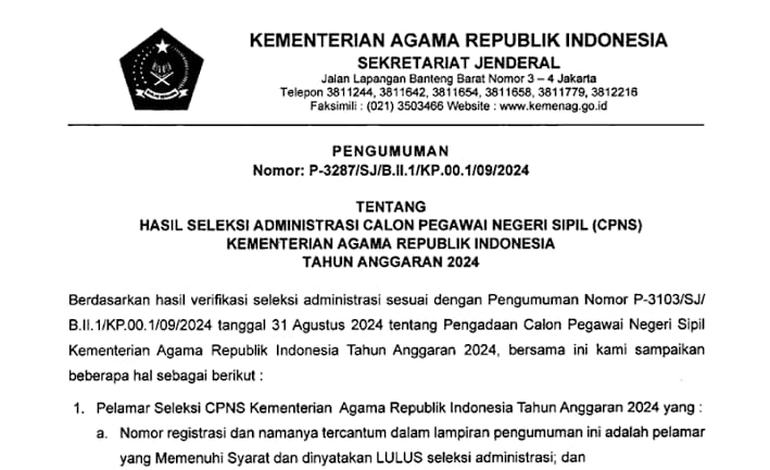 Cara Cek Pengumuman Hasil Seleksi Administrasi CPNS 2024 Kemenag, Ini Tandanya Jika Kamu Lulus