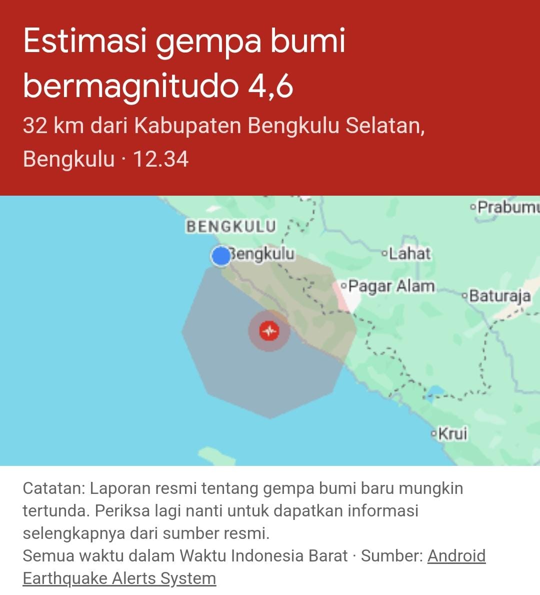Bengkulu Diguncang Gempa 4,6 Magnitudo, di Sini Lokasinya 
