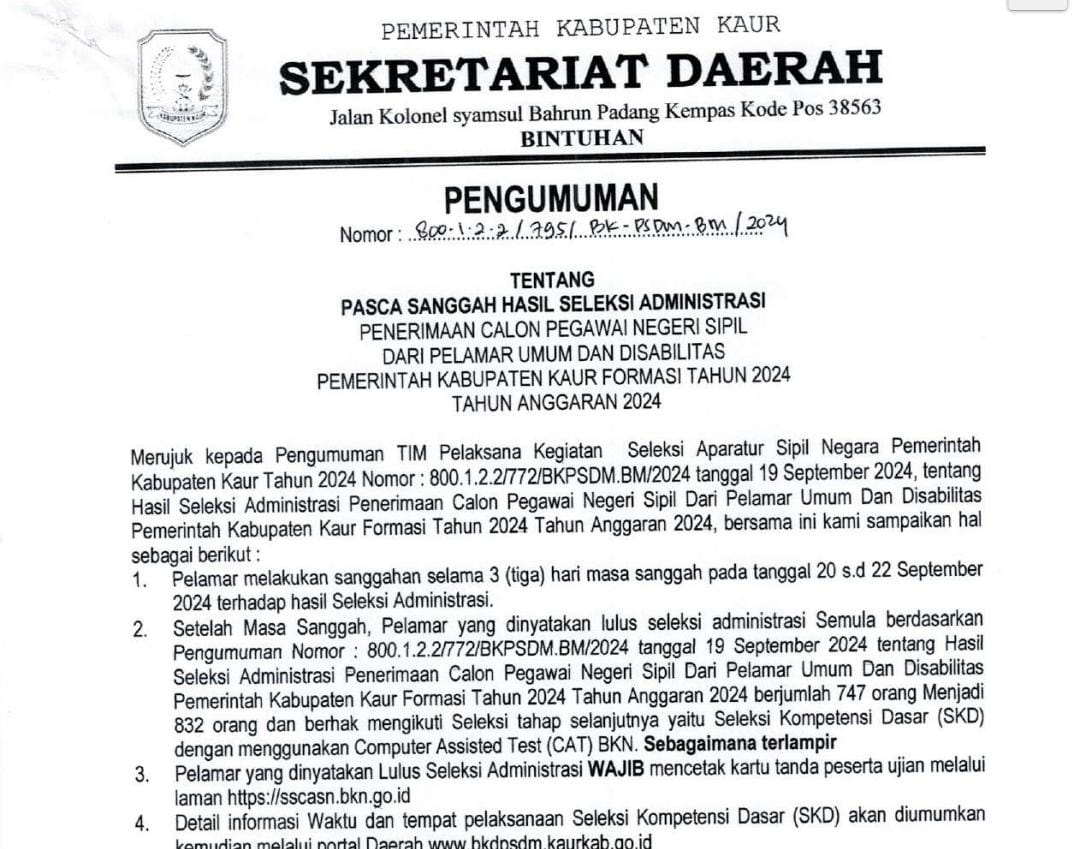 85 Pendaftar CPNS Kaur Lolos Masa Sanggah, Total Peserta Tes 832 Orang, Cek Jadwal SKD di Sini