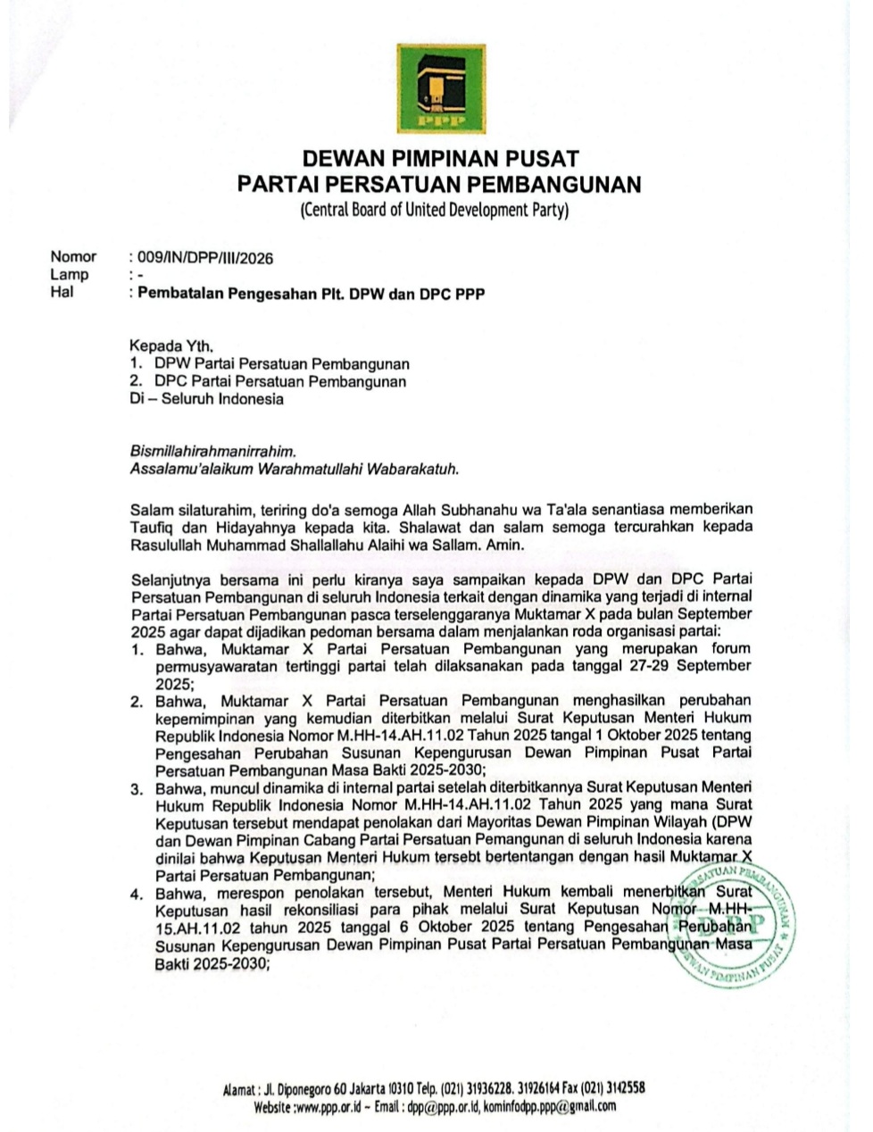 SK DPP Batalkan Plt, Muswil PPP Bengkulu Dinilai Tidak Sah