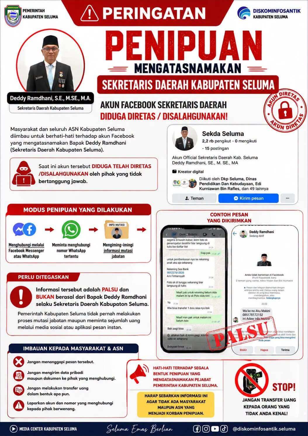 Waspada Penipuan! Akun Facebook Sekda Seluma Deddy Ramdhani Diretas