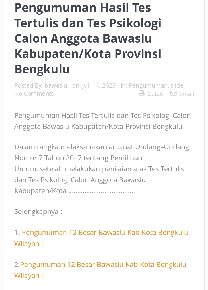 Perjuangan Masih Panjang, Ini 12 Nama Calon Bawaslu yang Lulus Tes Tertulis dan Psikologi se-Provinsi Bengkulu