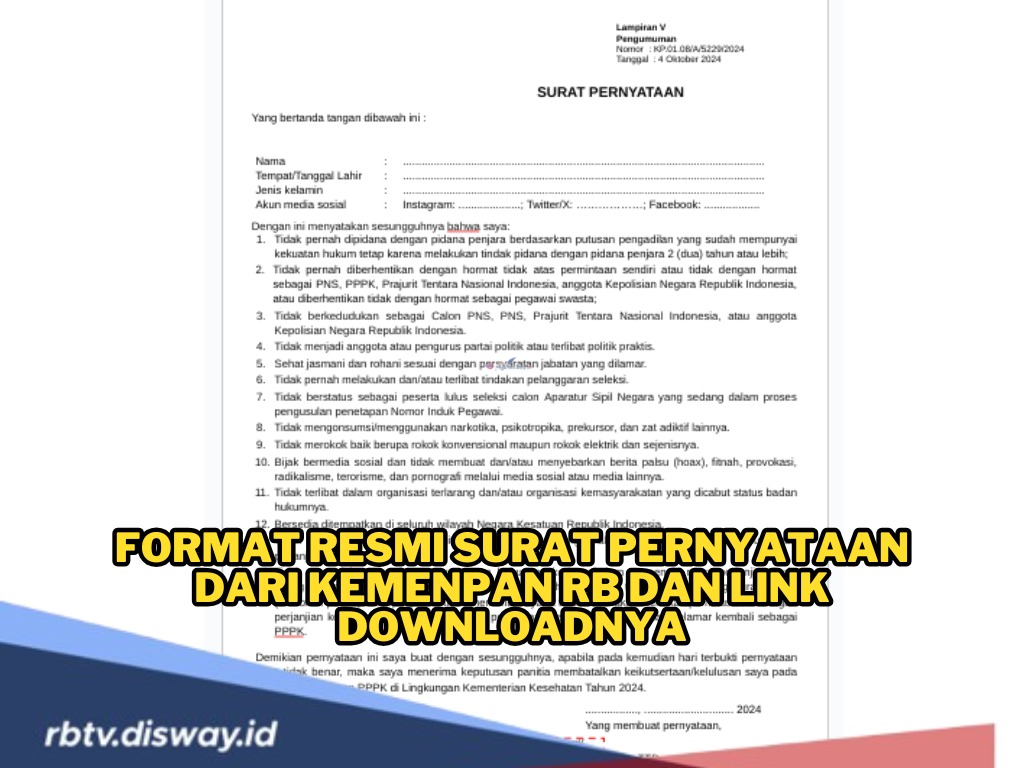 Format Resmi Surat Pernyataan dari KemenPANRB, Ini Link Downloadnya