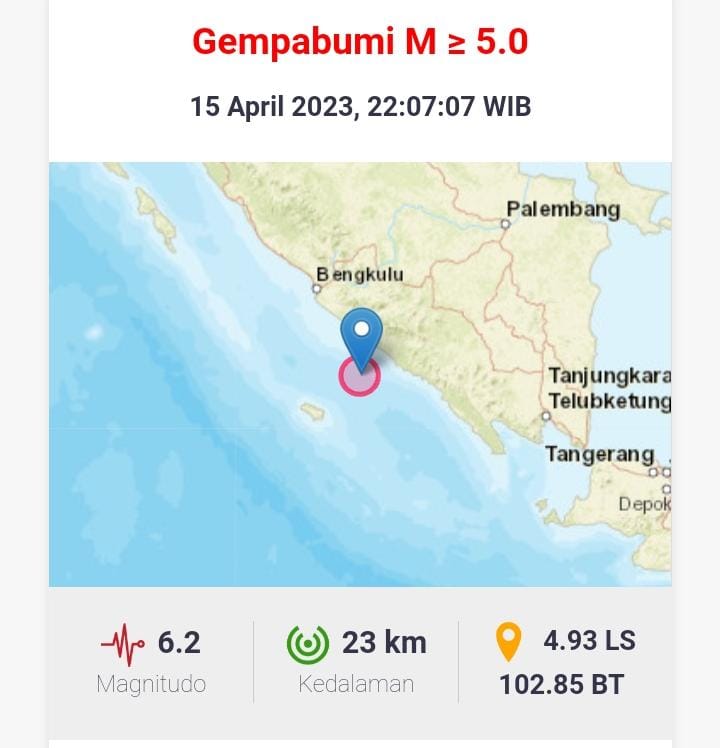 Gempa 6,2 SR Guncang Wilayah Bengkulu Selatan, Waspada Gempa Susulan