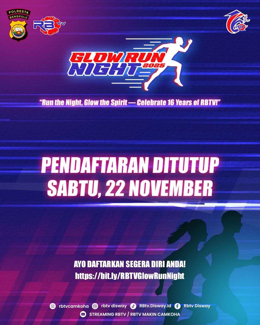 Hadiah Total Rp 50 Juta Menanti, Ikuti Glow Run Night RBTV X Polresta, Pendaftaran Ditutup 22 November