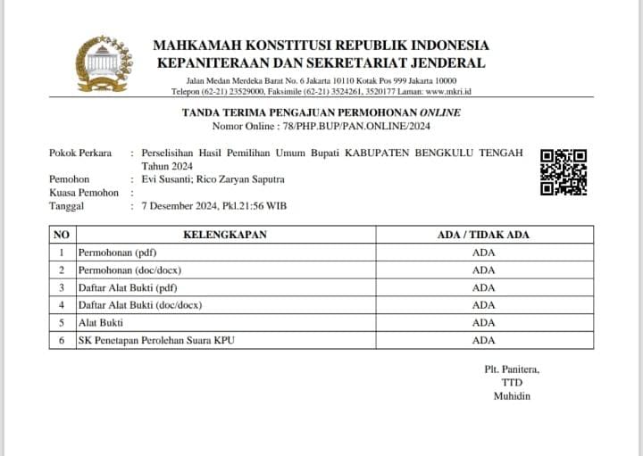 Paslon Evi-Rico di Bengkulu Tengah Ajukan Gugatan Hasil Pilkada 2024 ke Mahkamah Konstitusi RI