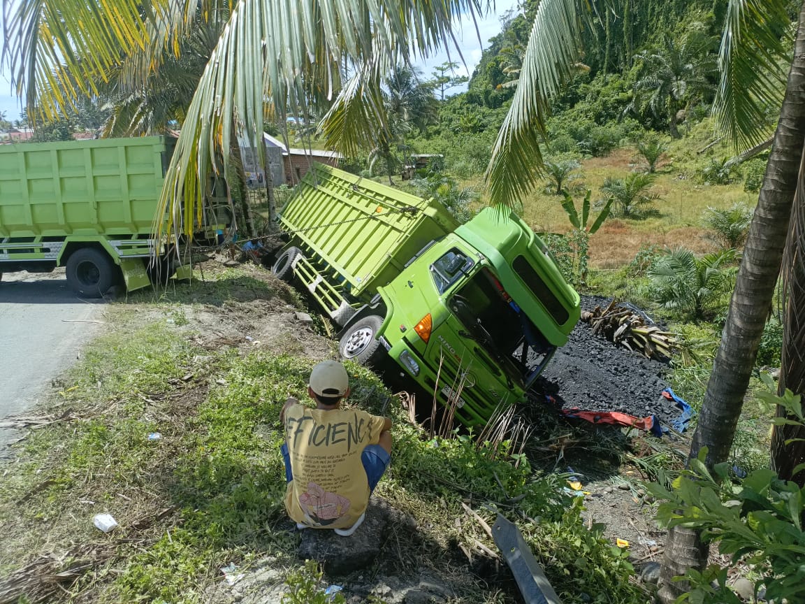 Patah As Roda Belakang, Truk Batu Bara Terperosok di Jurang Tebing Rambutan