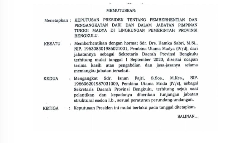 Beredar Surat Presiden Tunjuk Isnan Fajri sebagai Sekda Provinsi Bengkulu Definitif 