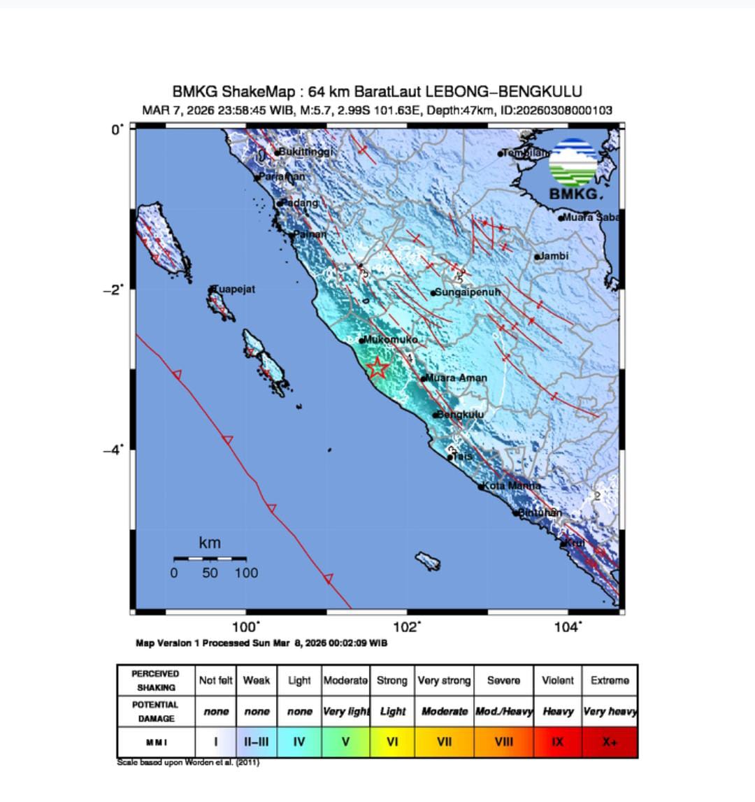 Gempa Magnitudo 5,7 Guncang Lebong, BMKG: Tidak Berpotensi Tsunami