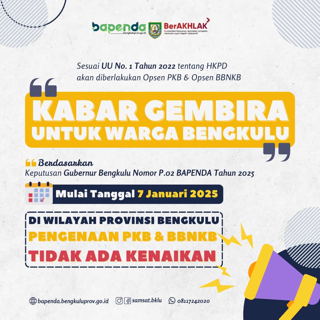 Pemprov Bengkulu Terbitkan SK, Opsen Pajak 66 Persen Tidak Berlaku, Wajib Pajak Tetap Bayar Pajak Tarif Lama