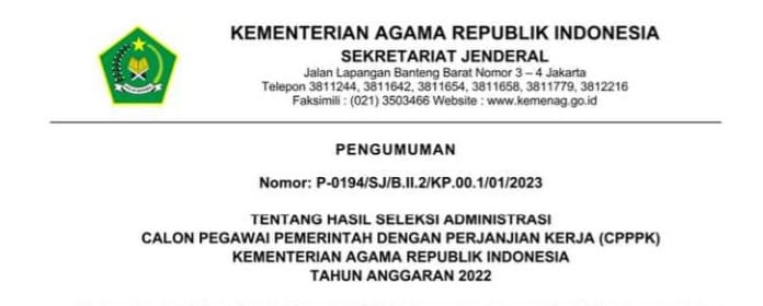 29.109 Peserta Lulus P3K Kemenag, Berikut Cara Cek Nama yang Lulus Seleksi