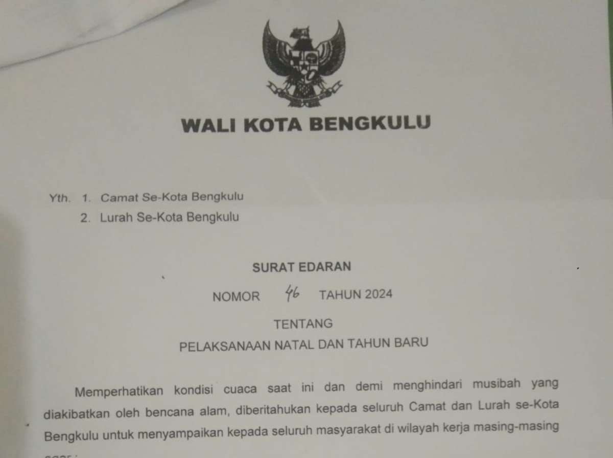 Pemkot Bengkulu Keluarkan Surat Edaran Jelang Pelaksanaan Natal dan Tahun Baru