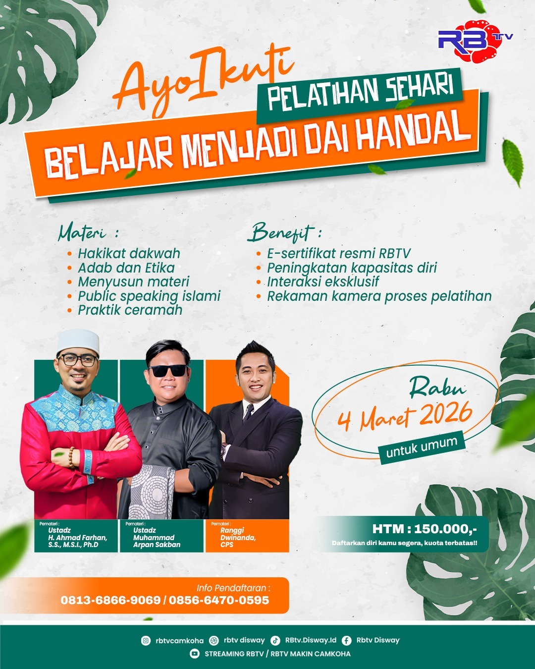 Ayo Ikut!!! Pelatihan Sehari Belajar Jadi Dai Handal Bersama RBTV, 100 Pendaftar Pertama Dapat Diskon