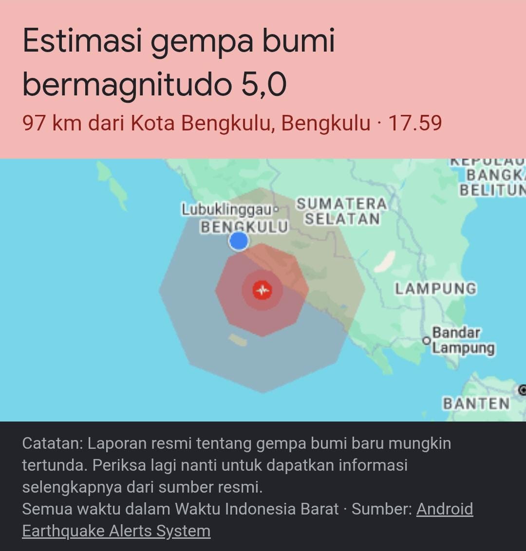 Gempa 4,9 Magnitudo Guncang Kota Bengkulu
