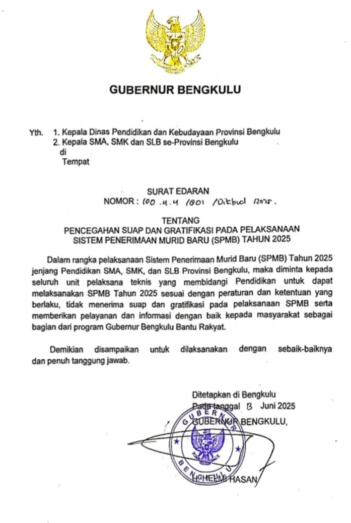 Penerimaan Murid Baru, Gubernur Helmi Hasan Peringatkan Jangan Ada Jual Bangku