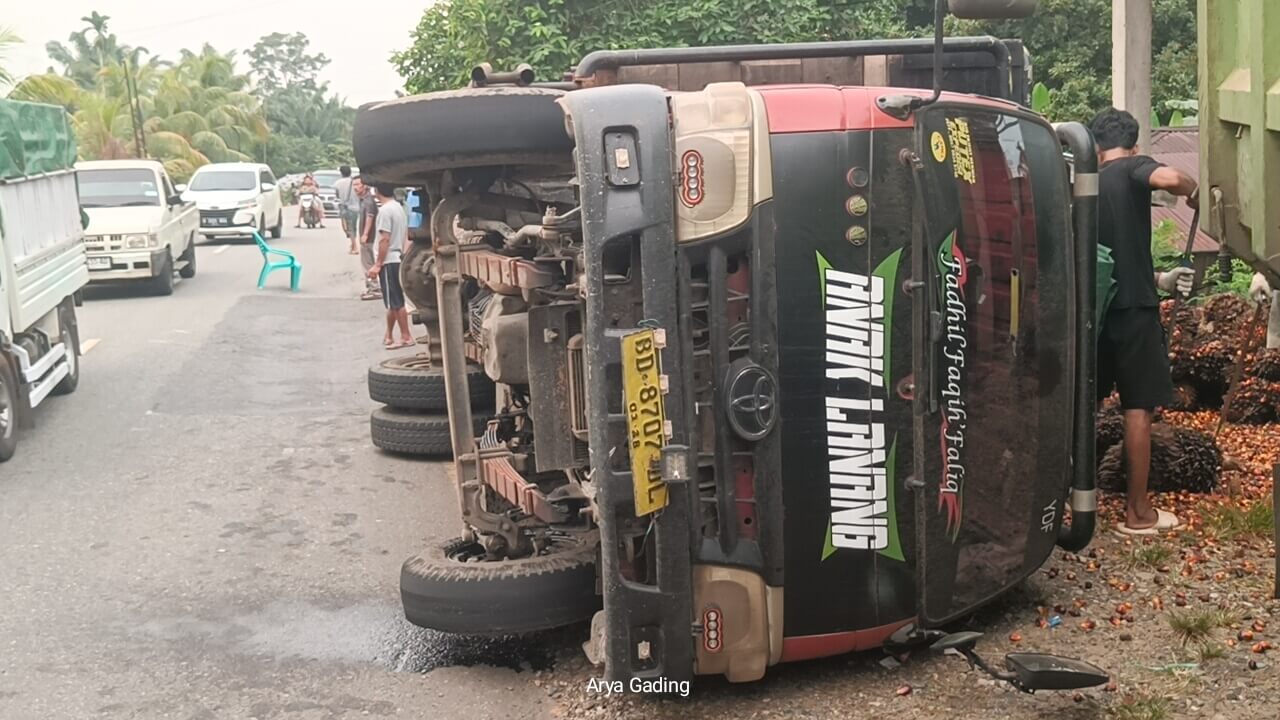 Jalan Amblas, Truk Muatan 10 Ton Kelapa Sawit Terguling di Seluma