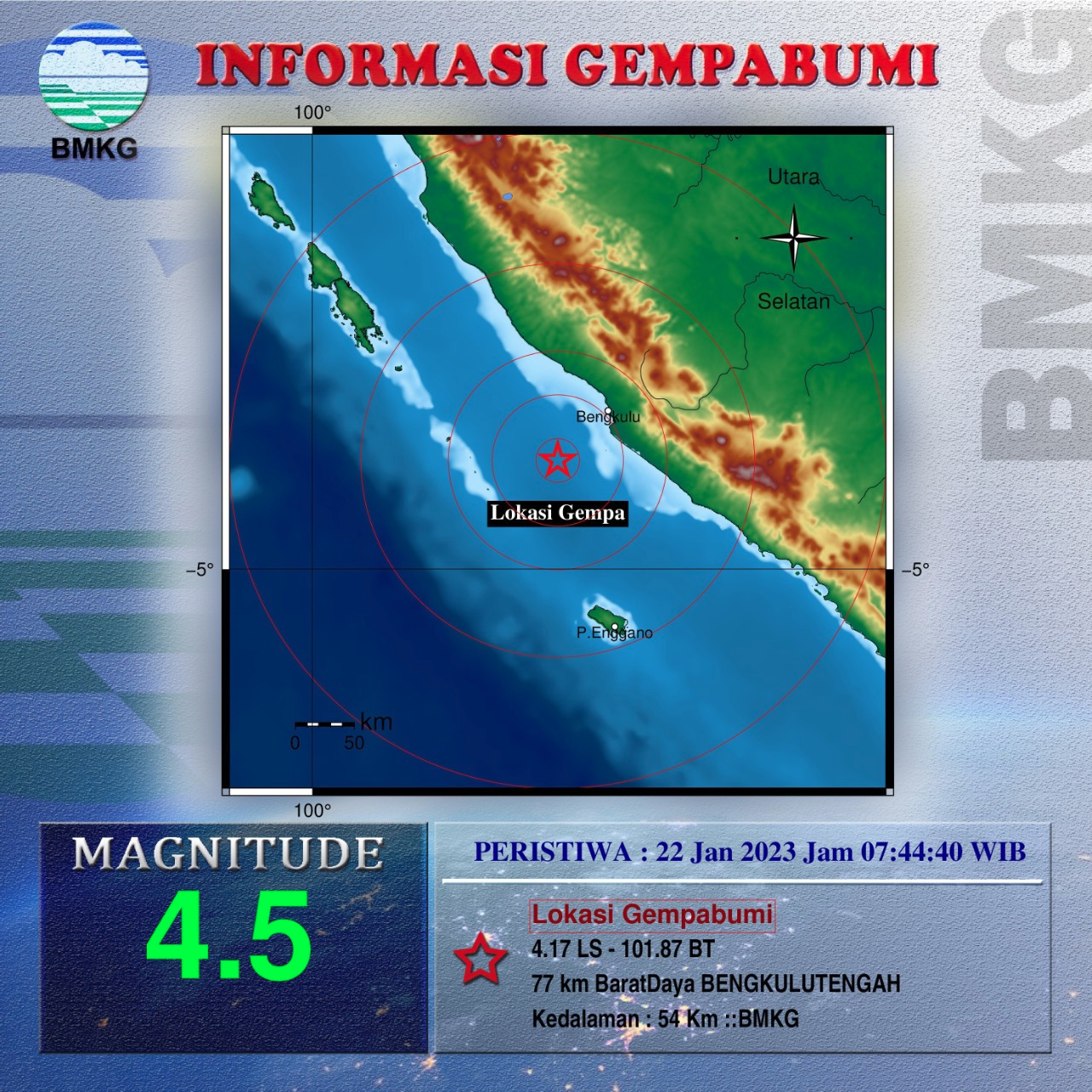 Gempa Magnitudo 4,5 di Perairan Wilayah Bengkulu Tengah