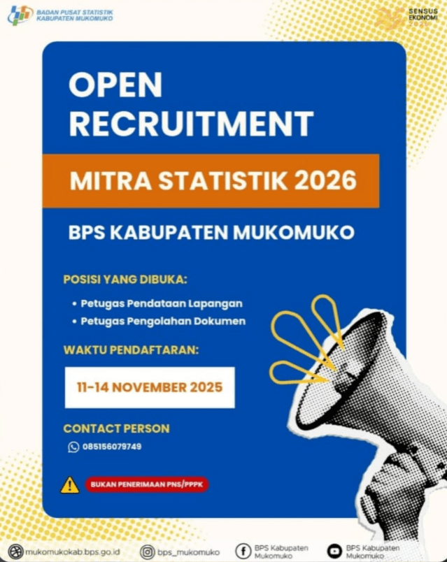 Lowongan Kerja Mitra Statistik BPS 2026 di Mukomuko Dibuka untuk 2 Posisi, Segera Daftar