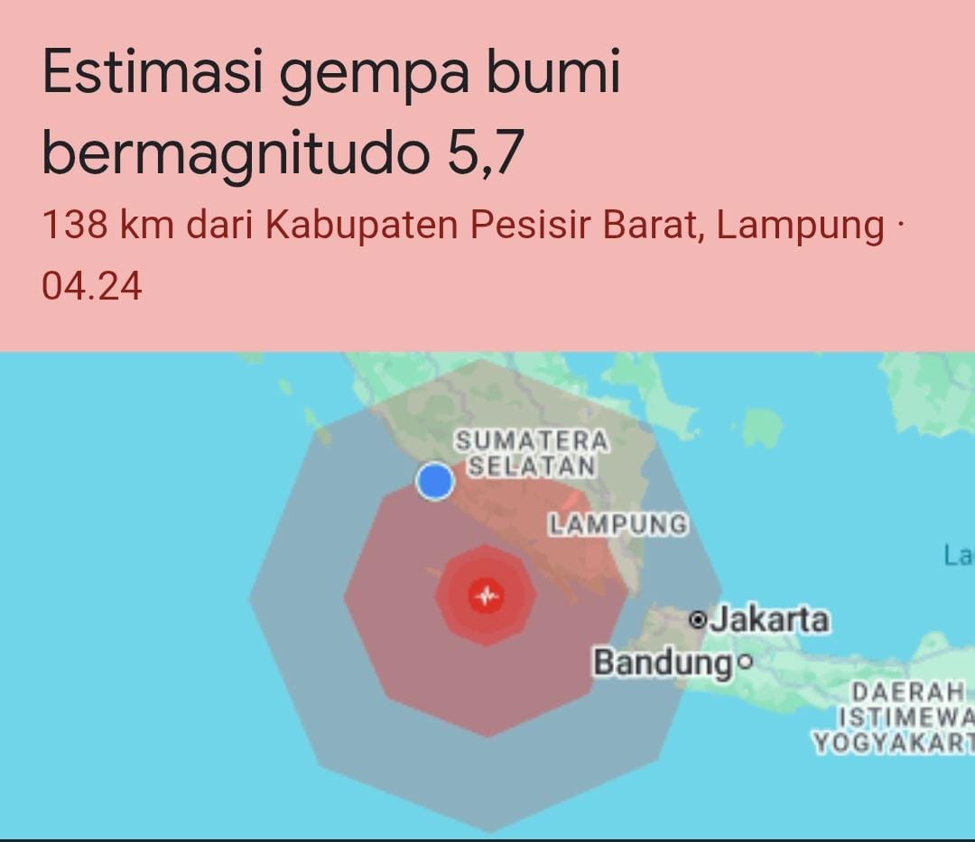 Sabtu Subuh, Gempa 5,7 Melanda Lampung, Guncangan Terasa hingga Bengkulu