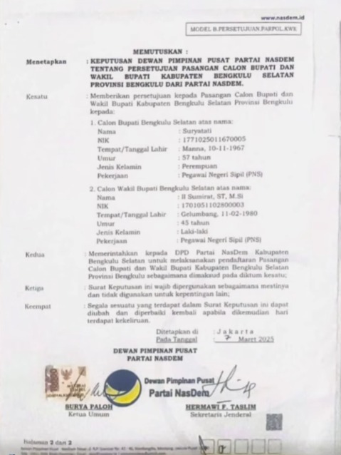 DPP Nasdem Sudah Keluarkan Rekomendasi, Sosok Ini yang Bakal Menjadi Calon Bupati Bengkulu Selatan