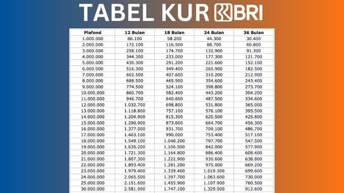 Tabel Angsuran KUR BRI Rp10 - 50 Juta Terbaru 2024, Bunga 6 Persen Tenor Maksimal 3 Tahun