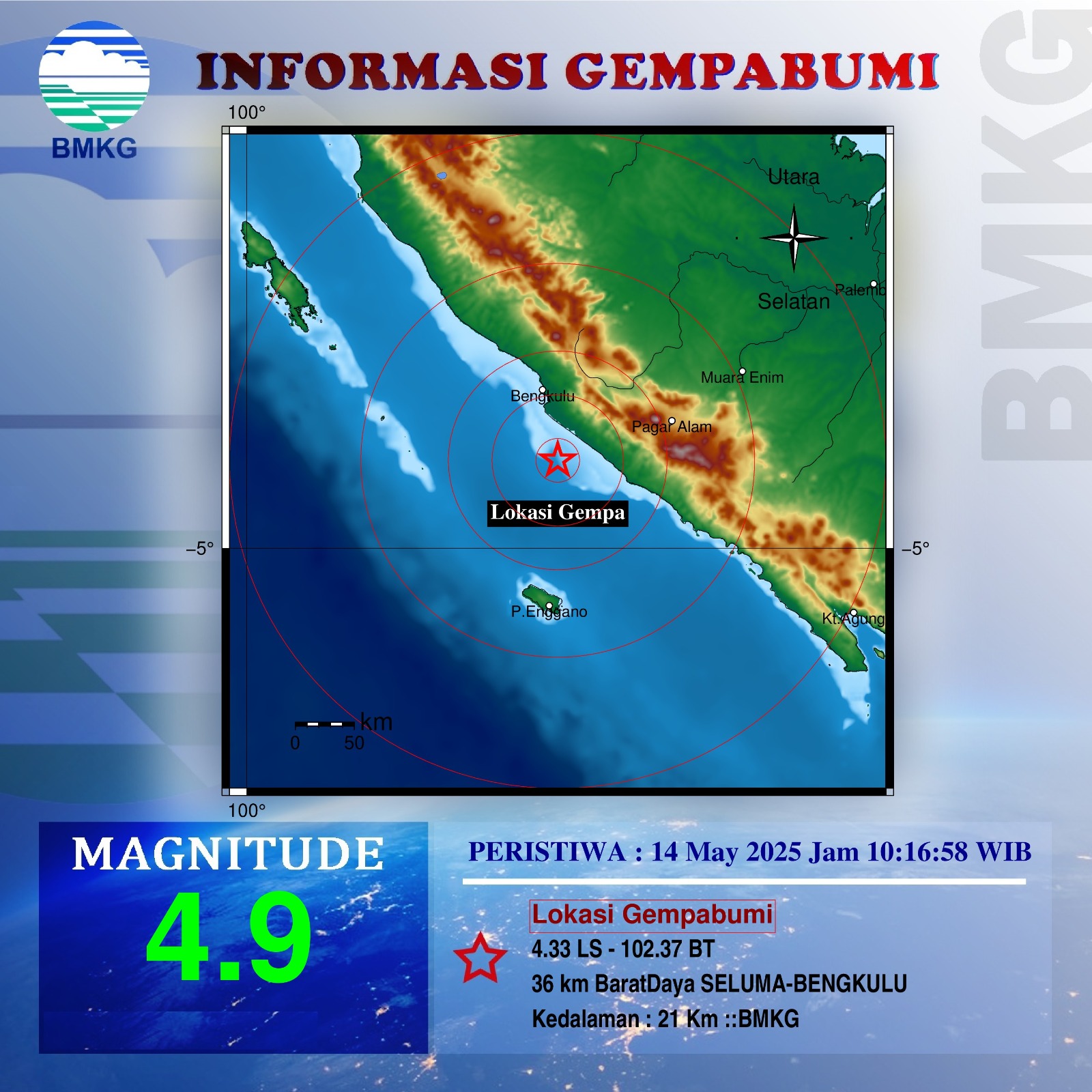 Gempa Bengkulu, Goncangan Dirasakan Kuat, Kekuatan 4,9 Magnitudo Berpusat di Seluma