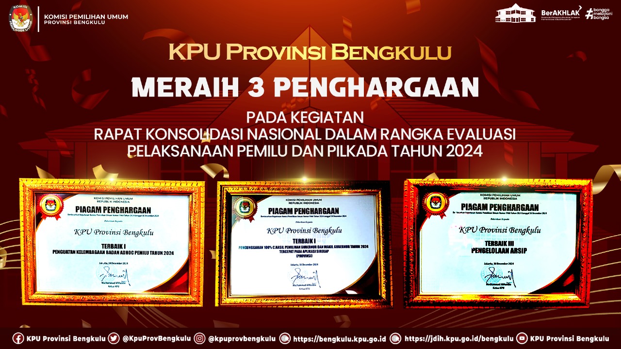 Membanggakan, KPU Provinsi Bengkulu Raih 3 Penghargaan dari KPU RI