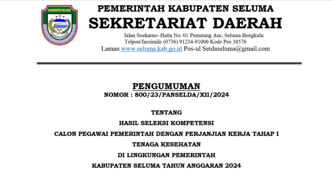 Sudah Dirilis, Ini Link Pengumuman Hasil Seleksi PPPK Tahap 1 Nakes Kabupaten Seluma, Cek Segera Namamu