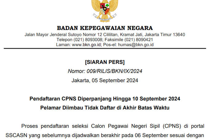 Pendaftaran CPNS 2024 Resmi Diperpanjang Hingga 10 September, Ini Imbauan BKN Untuk Calon Pelamar