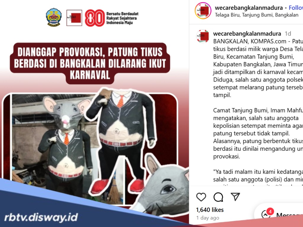 Rupanya Ini Alasan Kenapa Patung Tikus Berdasi di Bangkalan Dilarang Tampil di Karnaval