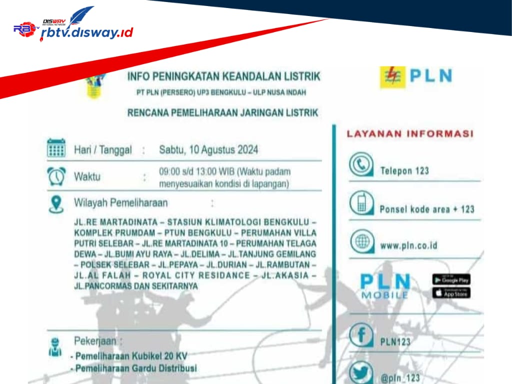 Info Pemadaman Listrik di Bengkulu, Hari Ini Padam Sampai Jam 1 Siang, Berikut Lokasinya