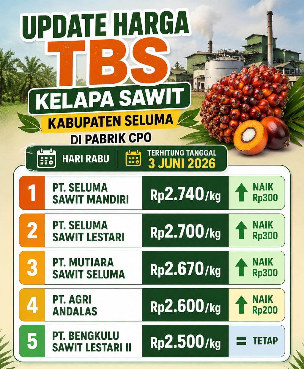 Pemprov Bengkulu Terbitkan Harga Penetapan Baru TBS Kelapa Sawit