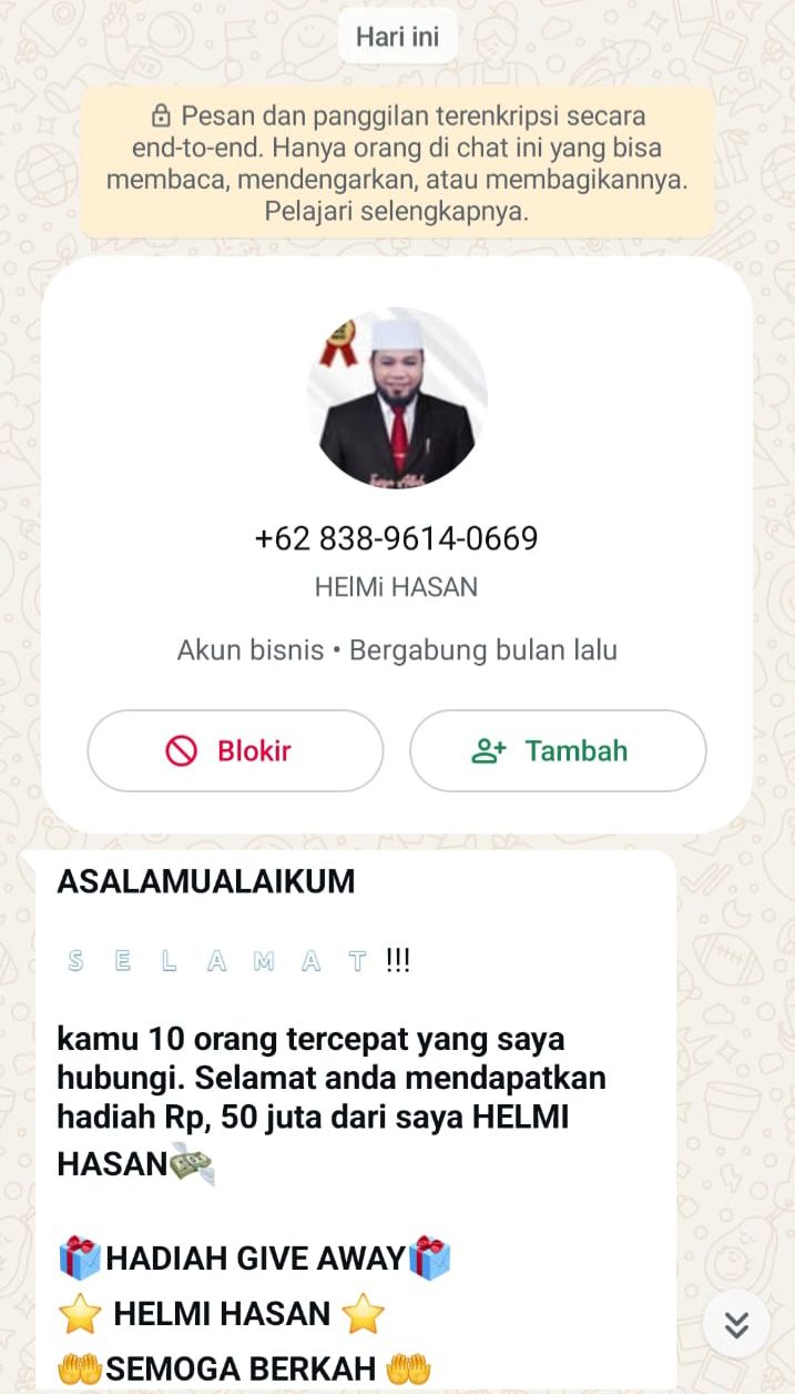 Hati-hati, Penipuan Melalui Kontak WhatsApp Mengatasnamakan Gubernur Helmi Hasan 