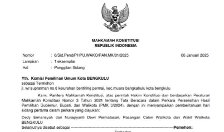 8 Januari 2025, Mahkamah Konstitusi Gelar Sidang Perkara Perselisihan Hasil Pilwakot Bengkulu