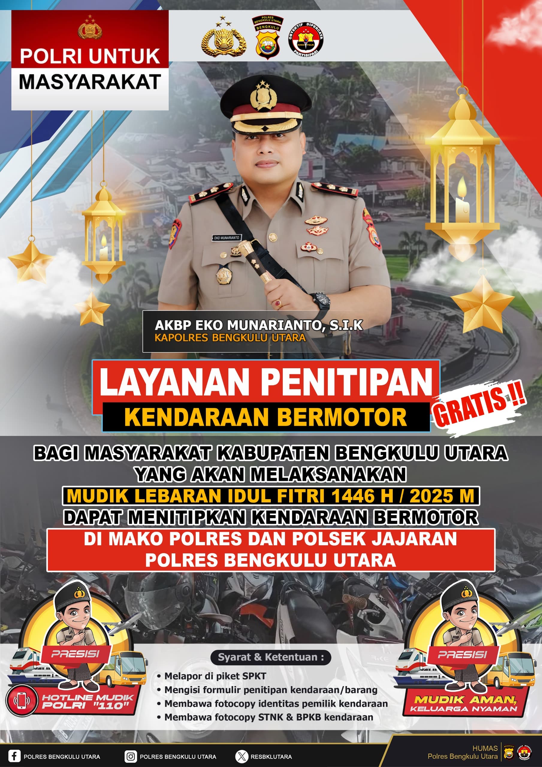 Pelayanan Titip Kendaraan Gratis Saat Mudik di Polres Bengkulu Utara, Begini Prosedurnya