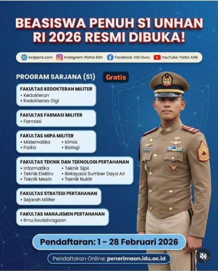 Beasiswa Penuh S1 Unhan 2026 Dibuka, Lulus Kuliah Langsung Berpangkat Letda