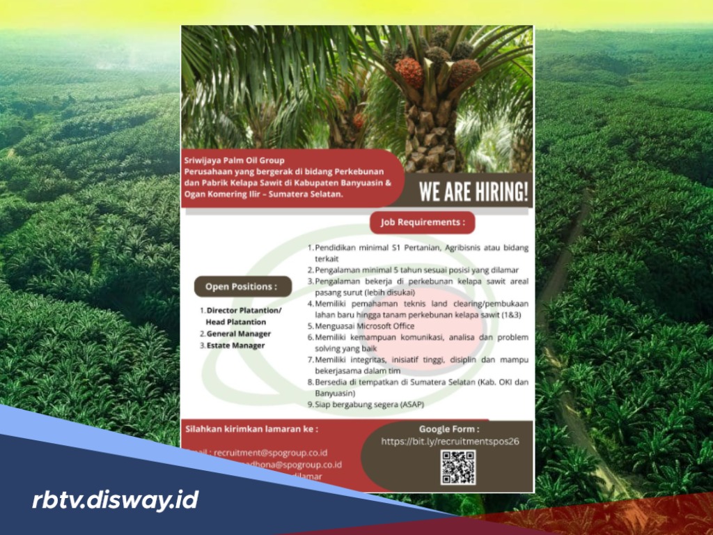 Sriwijaya Palm Oil Group Buka Lowongan Pekerjaan untuk 3 Posisi Elit