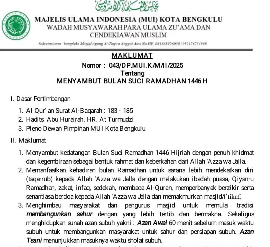 MUI Kota Bengkulu Terbitkan Maklumat Menyambut Bulan Suci Ramadan 1446 H/2025