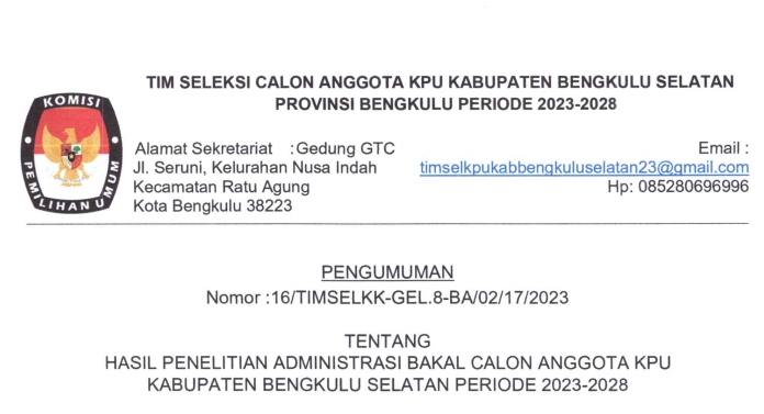 Seleksi Berkas Administrasi Calon Komisioner KPU Bengkulu Selatan, Berikut Nama yang Dinyatakan Lulus