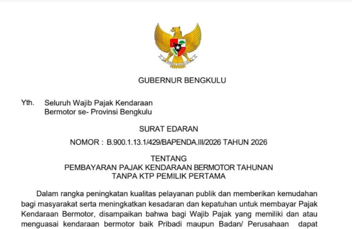 Gubernur Helmi Hasan: Bayar Pajak Kendaraan  Tanpa KTP Pemilik Awal