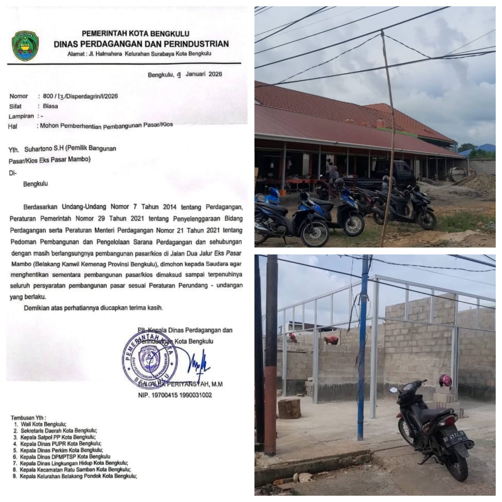 Pemkot Bengkulu Minta Pembangunan Pasar/Kios Eks Pasar Mambo Dihentikan Sementara