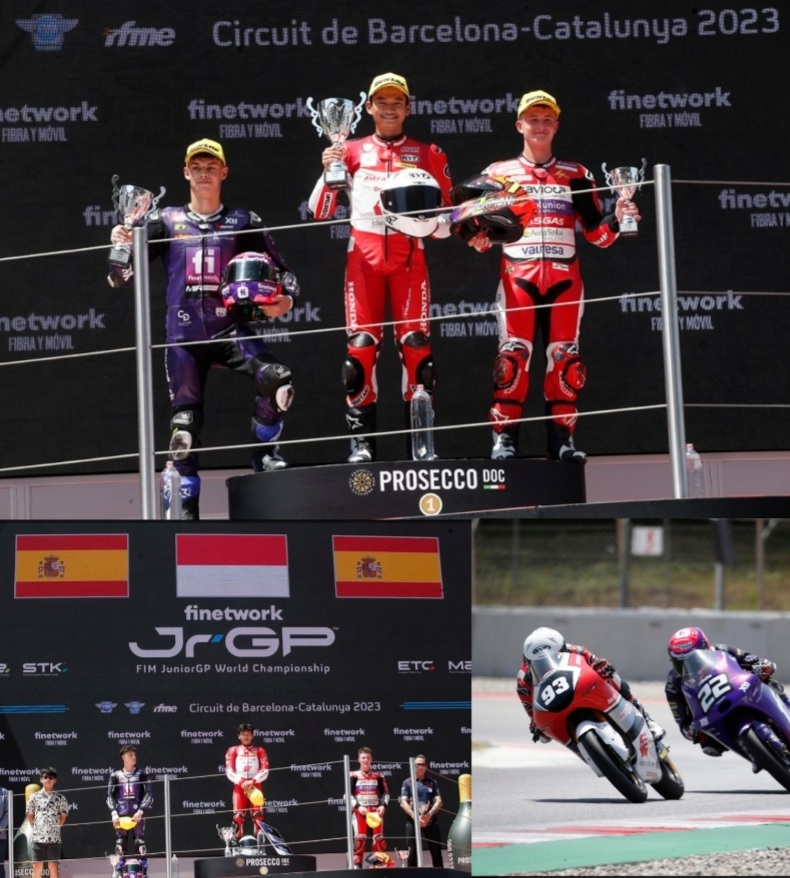 Merah Putih Berkibar di Podium Tertinggi FIM JuniorGP Barcelona, Bravo Pebalap Astra Honda Fadillah Arbi