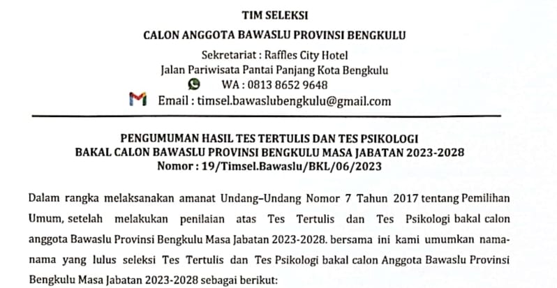 Ini 8 Peserta Calon Bawaslu Bengkulu yang Lolos Tes Tertulis dan Psikologi 